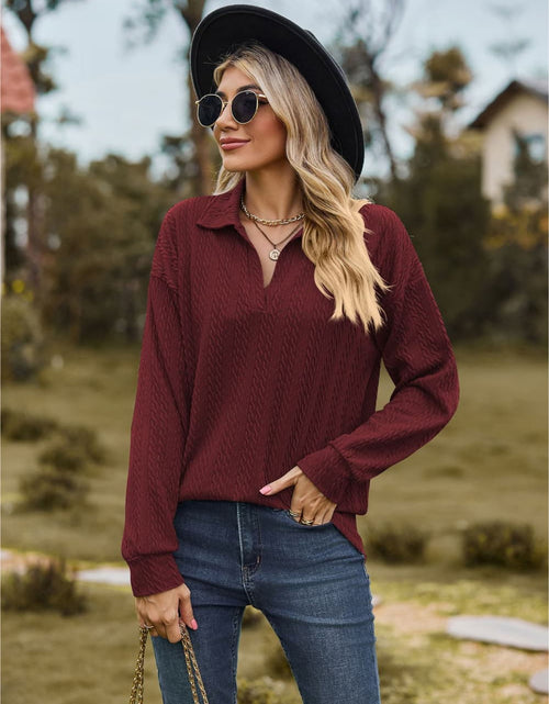 Load image into Gallery viewer, Collared Neck Cable-Knit Long Sleeve Blouse
