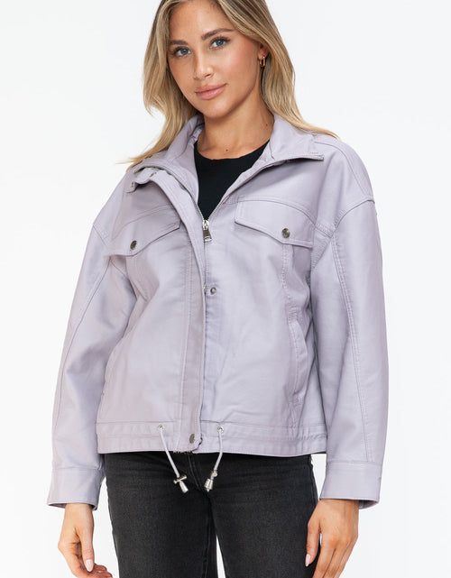 Load image into Gallery viewer, How Dare U Drawstring Hem PU Leather Zip Up Jacket
