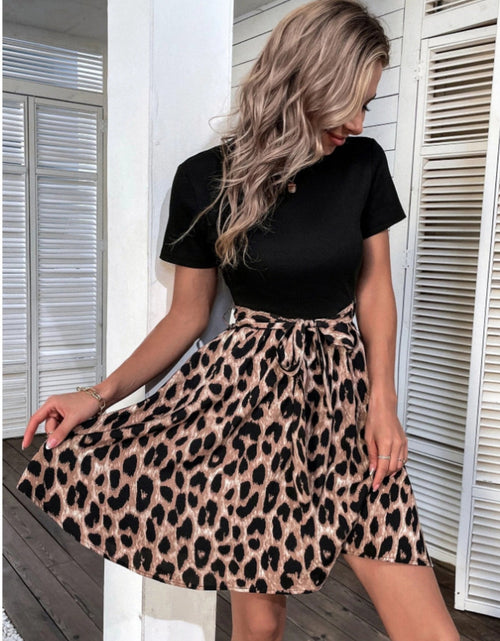 Load image into Gallery viewer, Tied Front Contrast Leopard Short Sleeve Mini Dress
