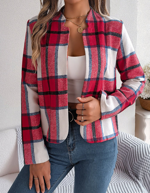 Load image into Gallery viewer, Plaid Open Front Long Sleeve Jacket
