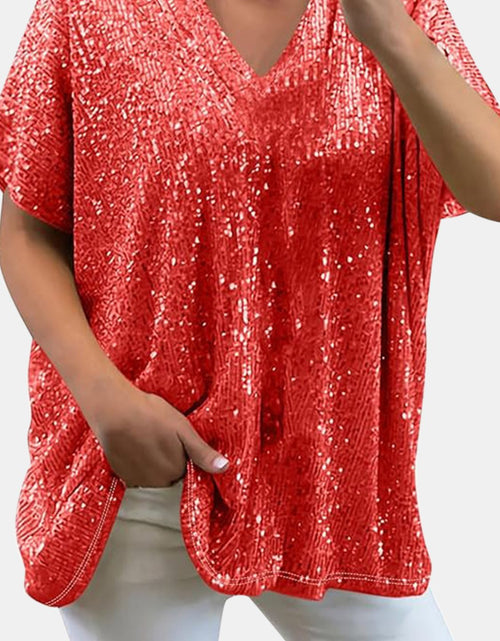 Load image into Gallery viewer, Full Size Sequin V-Neck Short Sleeve Top
