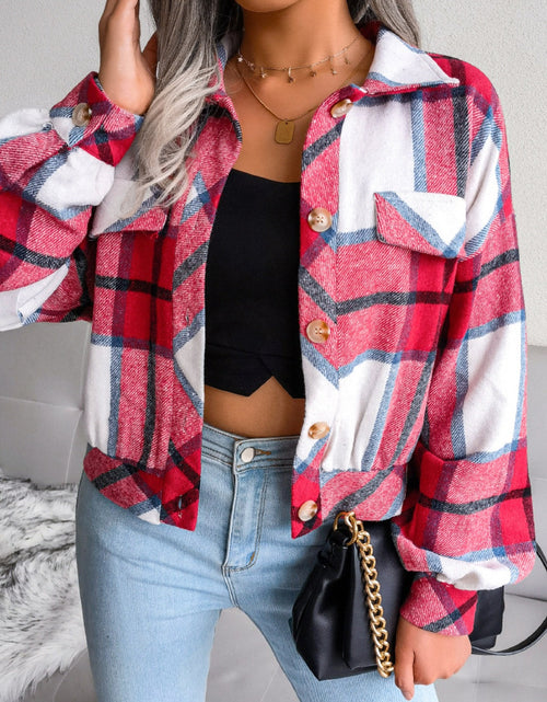 Load image into Gallery viewer, Plaid Collared Neck Long Sleeve Jacket
