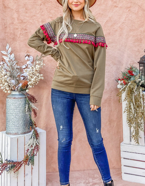 Load image into Gallery viewer, And The Why Ethnic Ribbon Tassel Trim Top
