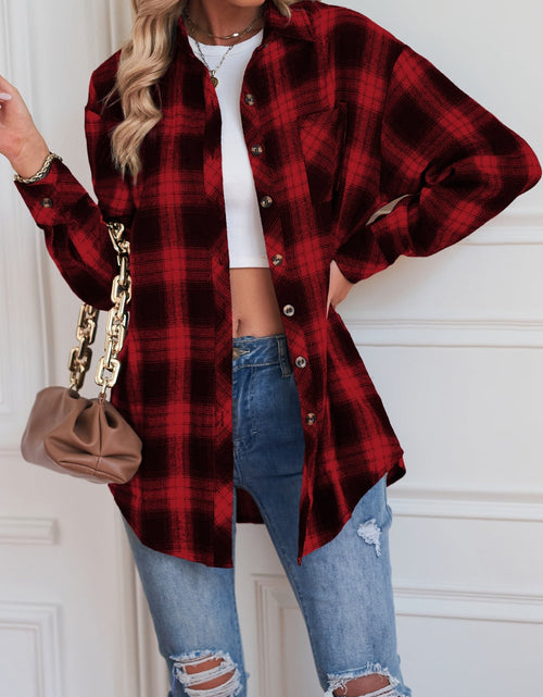 Load image into Gallery viewer, Plaid Button Up Dropped Shoulder Outerwear
