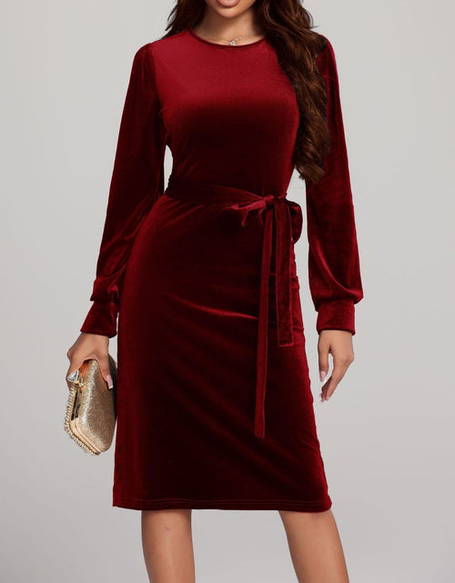 Load image into Gallery viewer, Round Neck Tie Waist Long Sleeve Velvet Dress
