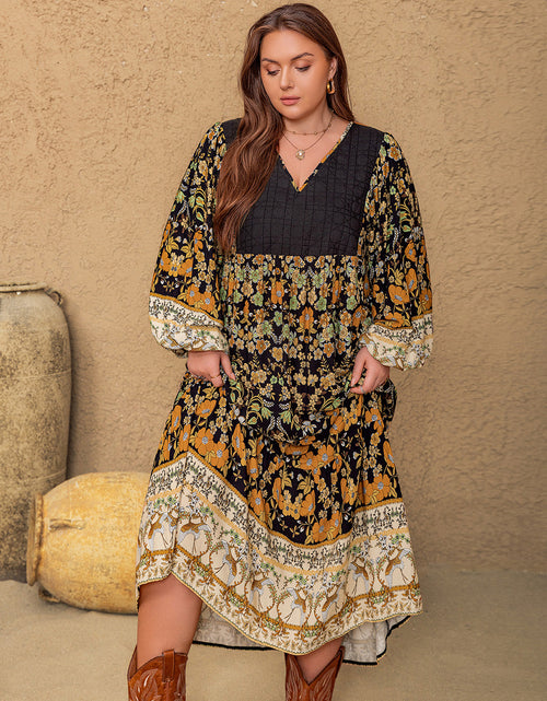 Load image into Gallery viewer, Plus Size Floral V-Neck Balloon Sleeve Midi Dress
