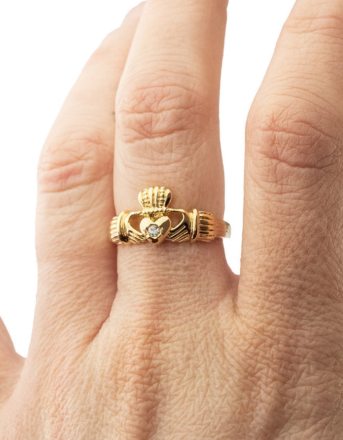 Load image into Gallery viewer, Antique Dainty Claddagh Ring Clear Swarovski Crystal 18k Irish Gold Womans Jewelry Claddagh Rings R3443 by PVD Vintage Jewelry
