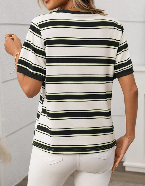 Load image into Gallery viewer, Contrast Striped Round Neck Short Sleeve T-Shirt
