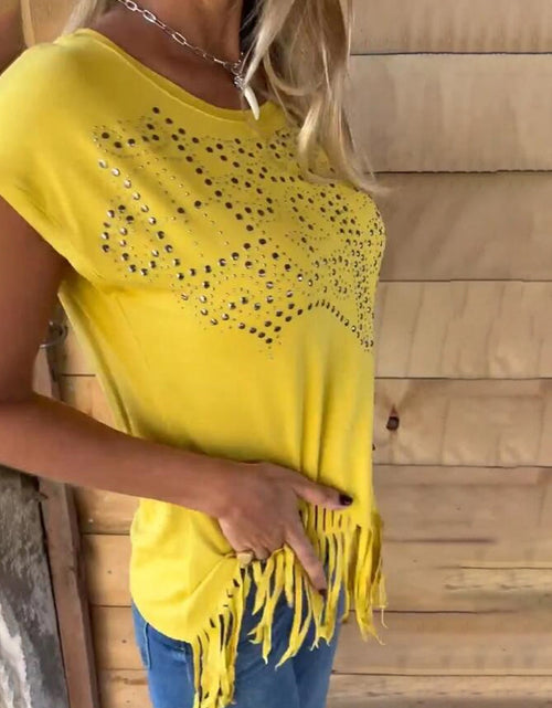 Load image into Gallery viewer, Studded Fringe Round Neck Cap Sleeve T-Shirt
