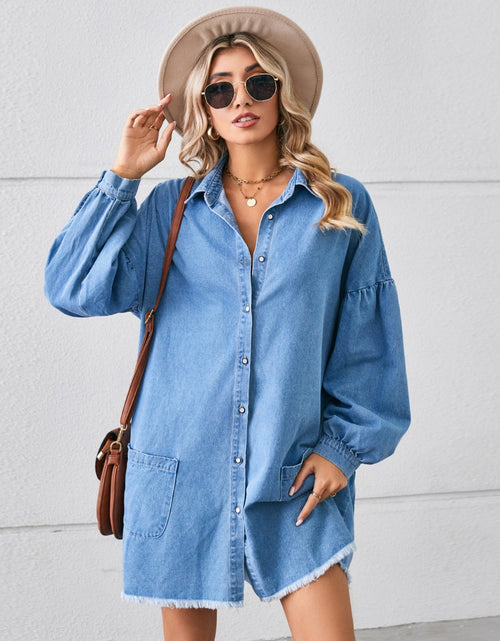 Load image into Gallery viewer, Button Up Pocketed Raw Hem Denim Dress
