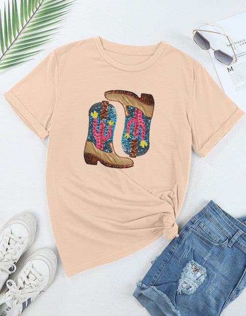 Load image into Gallery viewer, Sequin Round Neck Short Sleeve T-Shirt
