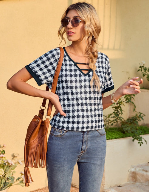 Load image into Gallery viewer, Houndstooth V-Neck Short Sleeve T-Shirt
