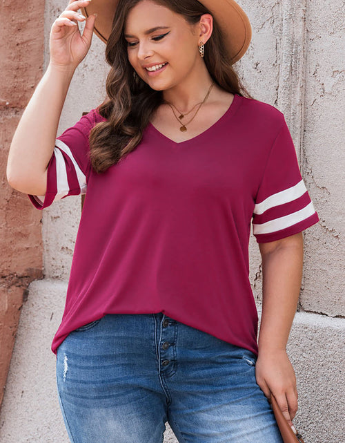 Load image into Gallery viewer, Plus Size Striped V-Neck Tee Shirt
