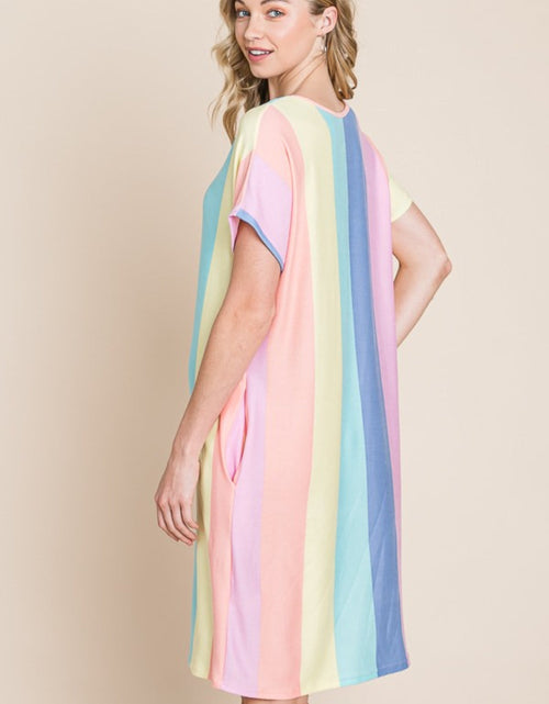 Load image into Gallery viewer, BOMBOM Striped Short Sleeve Dress with Pockets

