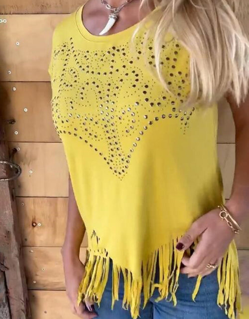 Load image into Gallery viewer, Studded Fringe Round Neck Cap Sleeve T-Shirt
