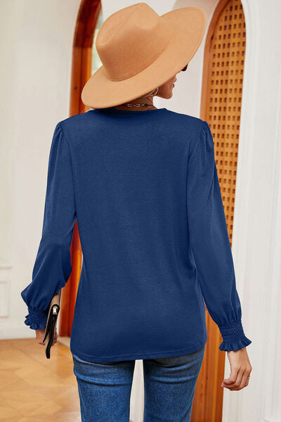 Load image into Gallery viewer, Lace Detail V-Neck Lantern Sleeve T-Shirt
