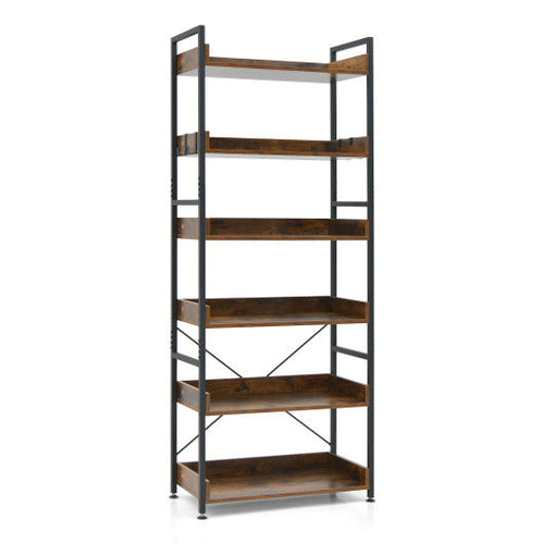 Load image into Gallery viewer, 6-Tier Tall Industrial Bookcase with Open Shelves and 4 Hooks-Brown
