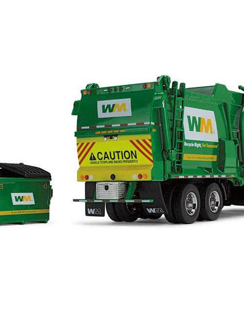 Load image into Gallery viewer, Mack LR Garbage Truck with McNeilus Meridian Front Load Refuse Body White and Green with Refuse Bin "Waste Management" 1/64 Diecast Model by First Gear
