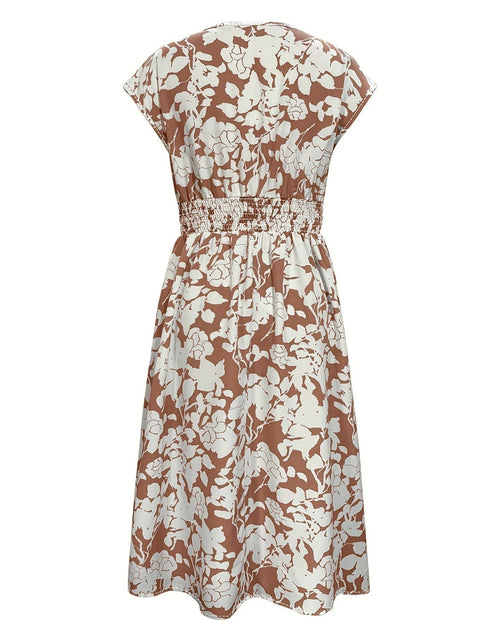 Load image into Gallery viewer, Printed V-Neck Cap Sleeve Midi Dress

