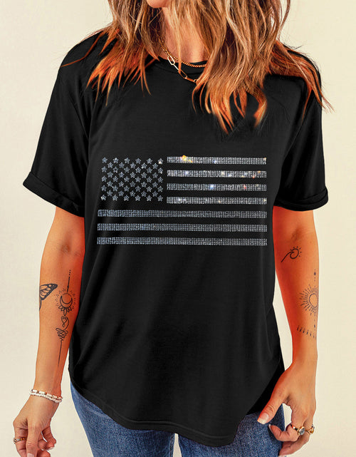 Load image into Gallery viewer, Rhinestone US Flag Round Neck Short Sleeve T-Shirt
