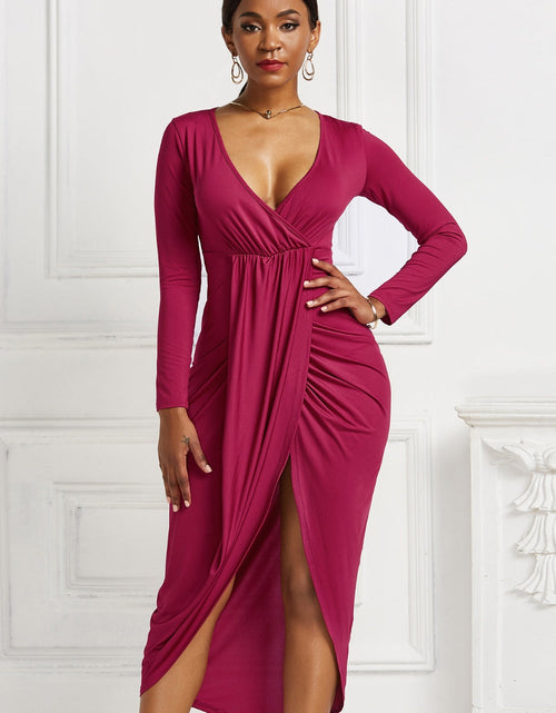 Load image into Gallery viewer, High-low Ruched Surplice Long Sleeve Dress
