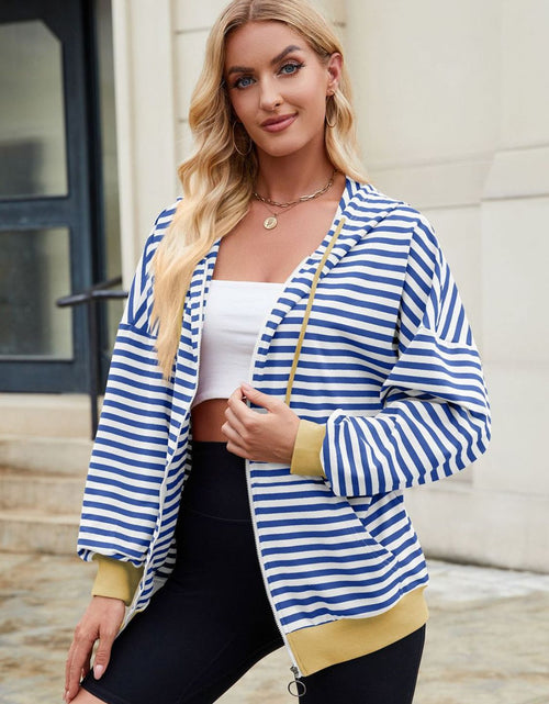 Load image into Gallery viewer, Drawstring Striped Zip Up Long Sleeve Hoodie
