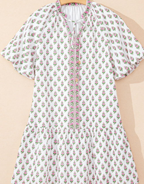 Load image into Gallery viewer, Floral Print Puff Sleeve Tie Neck Ruffled Hem Dress
