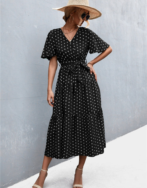 Load image into Gallery viewer, Printed V-Neck Flutter Sleeve Belted Dress
