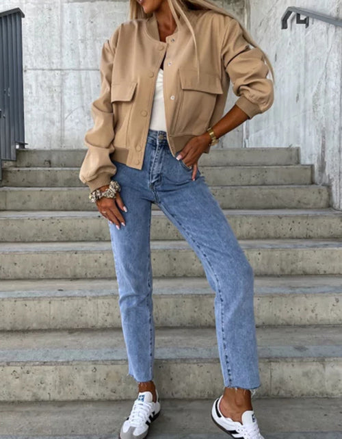 Load image into Gallery viewer, Baseball Collar Dropped Shoulder Jacket
