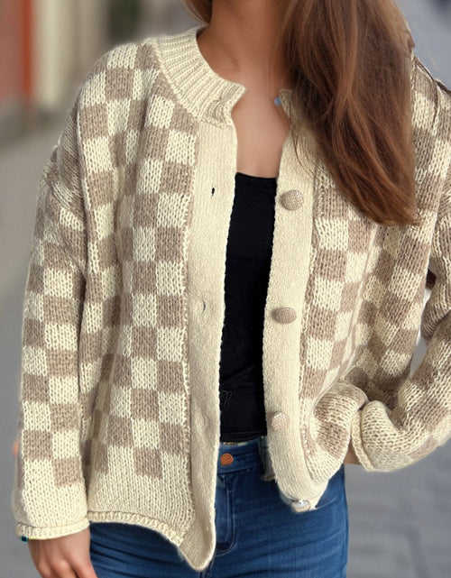 Load image into Gallery viewer, Checkered Button Up Round Neck Cardigan
