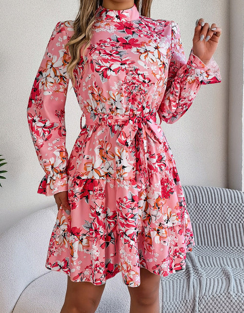 Load image into Gallery viewer, Printed Mock Neck Flounce Sleeve Mini Dress
