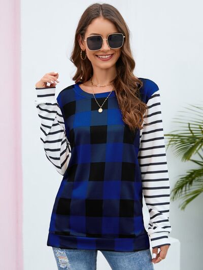 Load image into Gallery viewer, Plaid Striped Round Neck Long Sleeve T-Shirt
