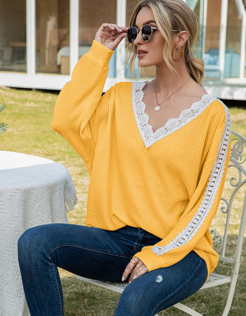 Load image into Gallery viewer, Ivy Lane Contrast Spliced Lace V-Neck Top

