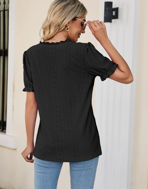 Load image into Gallery viewer, Eyelet Flounce Sleeve Scalloped V-Neck Top
