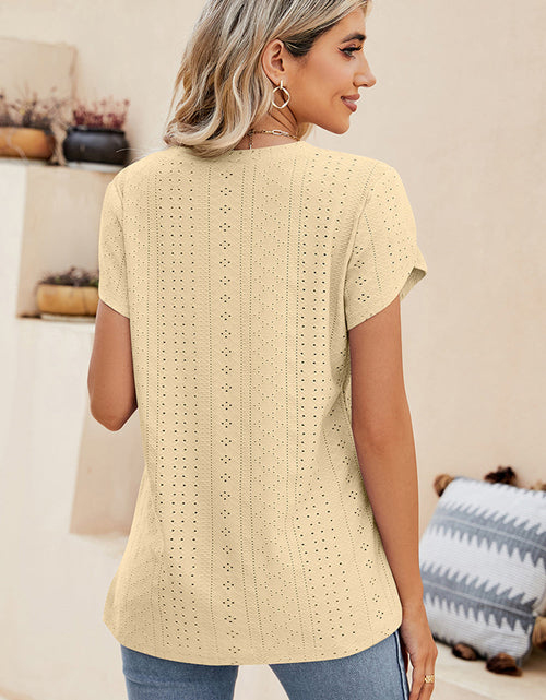 Load image into Gallery viewer, Eyelet V-Neck Petal Sleeve T-Shirt
