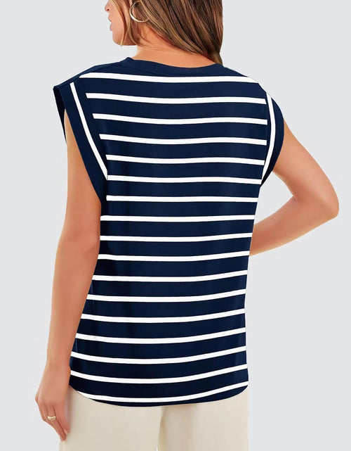 Load image into Gallery viewer, Striped Round Neck Cap Sleeve T-Shirt

