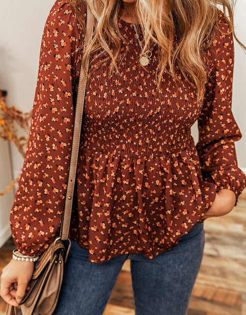 Load image into Gallery viewer, Floral Smocked Ruffle Hem Long Sleeve Blouse
