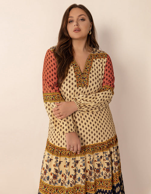 Load image into Gallery viewer, Plus Size Printed V-Neck Long Sleeve Maxi Dress

