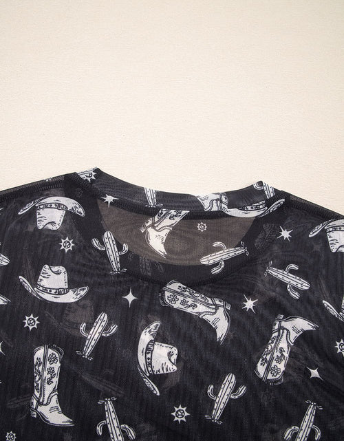 Load image into Gallery viewer, Western Pattern Mesh Sheer Crew Neck Top
