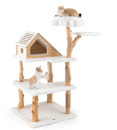 60 Inch Tall Solid Wood Cat Tree Modern Wooden Cat Tower with 2 Perches-White