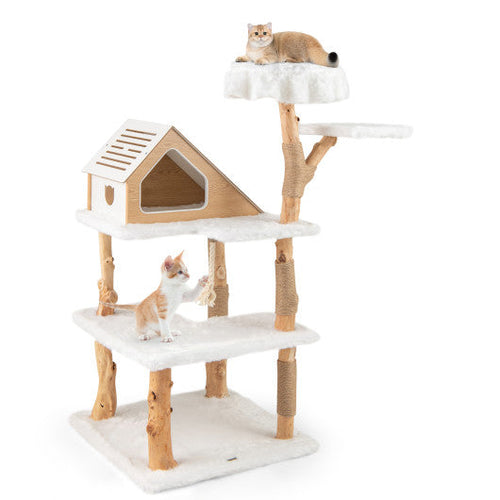 Load image into Gallery viewer, 60 Inch Tall Solid Wood Cat Tree Modern Wooden Cat Tower with 2 Perches-White
