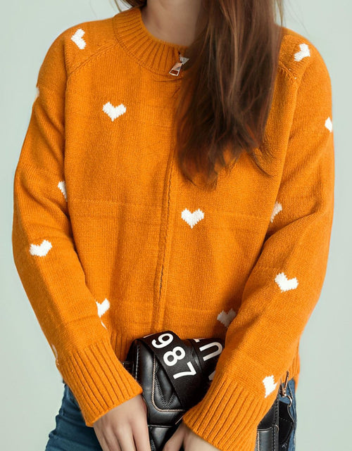 Load image into Gallery viewer, Heart Round Neck Zip Up Cardigan
