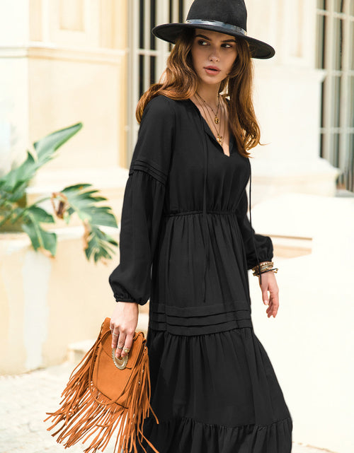 Load image into Gallery viewer, Tie Neck Long Sleeve Midi Tiered Dress
