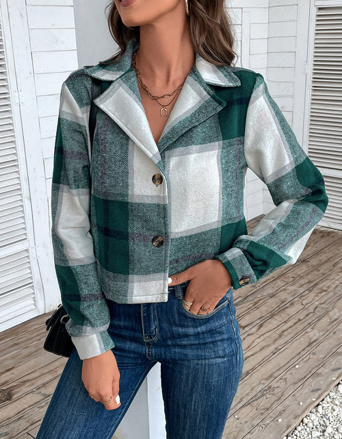 Load image into Gallery viewer, Perfee Plaid Collared Neck Button Up Long Sleeve Jacket
