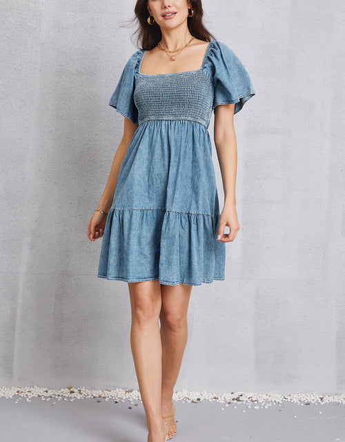Load image into Gallery viewer, Smocked Square Neck Mini Denim Dress
