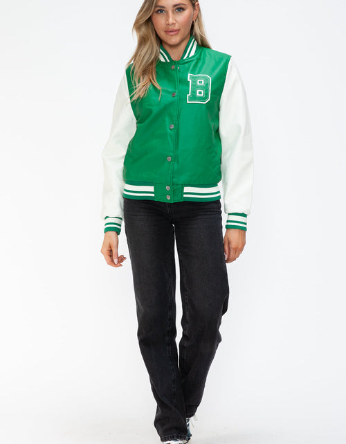 Load image into Gallery viewer, Love Me Now PU Leather Contrast Snap Down Bomber Jacket
