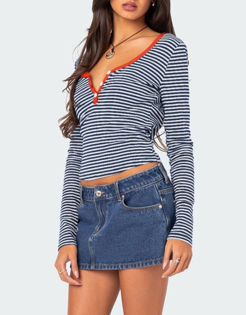 Load image into Gallery viewer, Buttoned Striped Long Sleeve T-Shirt

