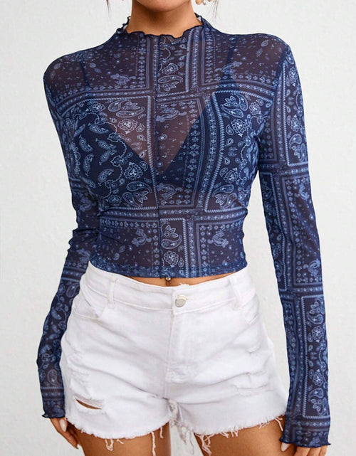 Load image into Gallery viewer, Paisley Mock Neck Long Sleeve Sheer Top
