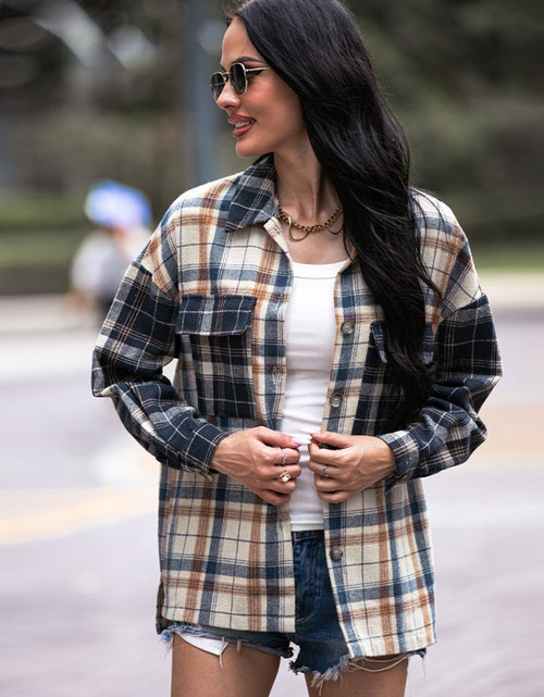 Load image into Gallery viewer, Shiny Plaid Dropped Shoulder Shacket
