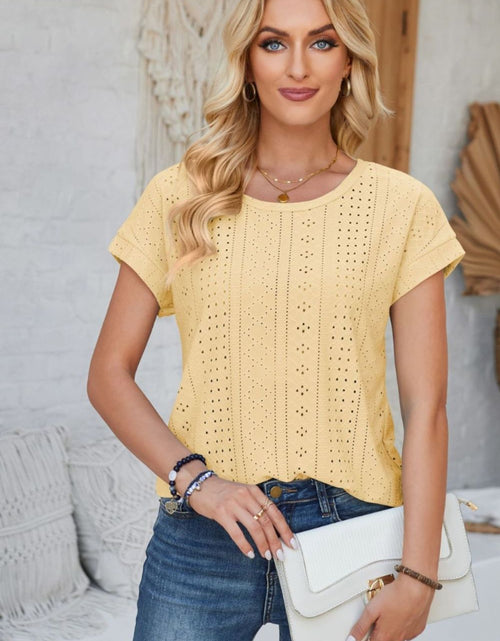 Load image into Gallery viewer, Eyelet Round Neck Rolled Short Sleeve T-Shirt
